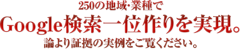 250の地域・業種でGoogle検索一位作りを実現。論より証拠の実例をご覧ください。